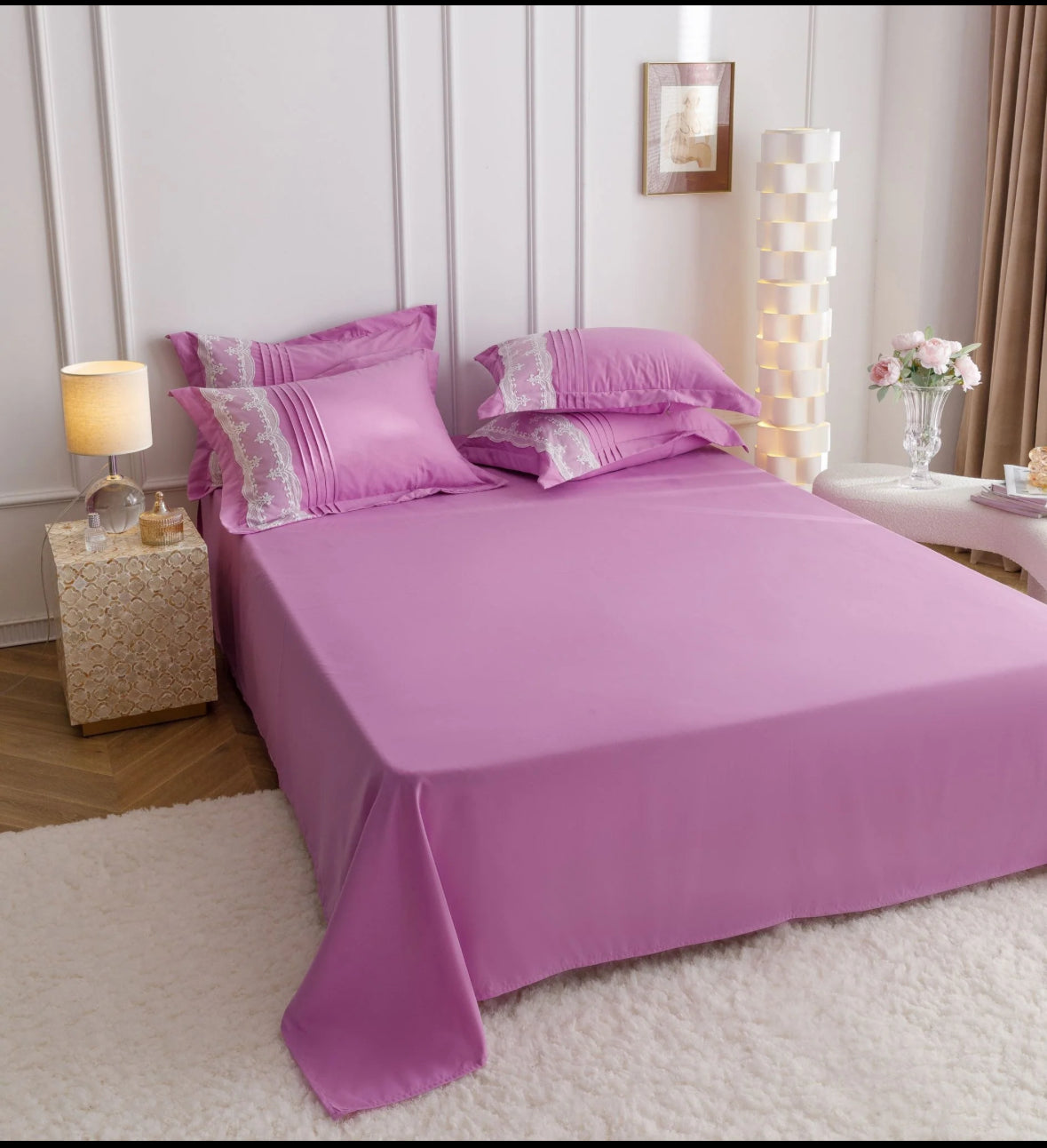 Lenjerie de Lux tip Jacquard Satinat cu pliuri brodate,6 Piese