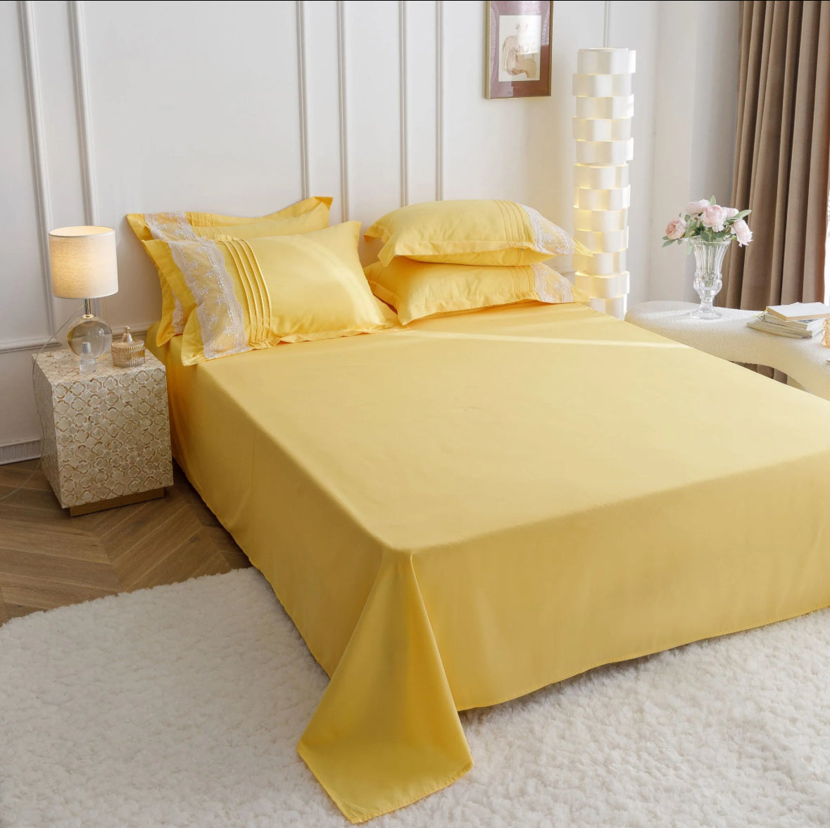 Lenjerie de Lux tip Jacquard Satinat cu pliuri brodate,6 Piese