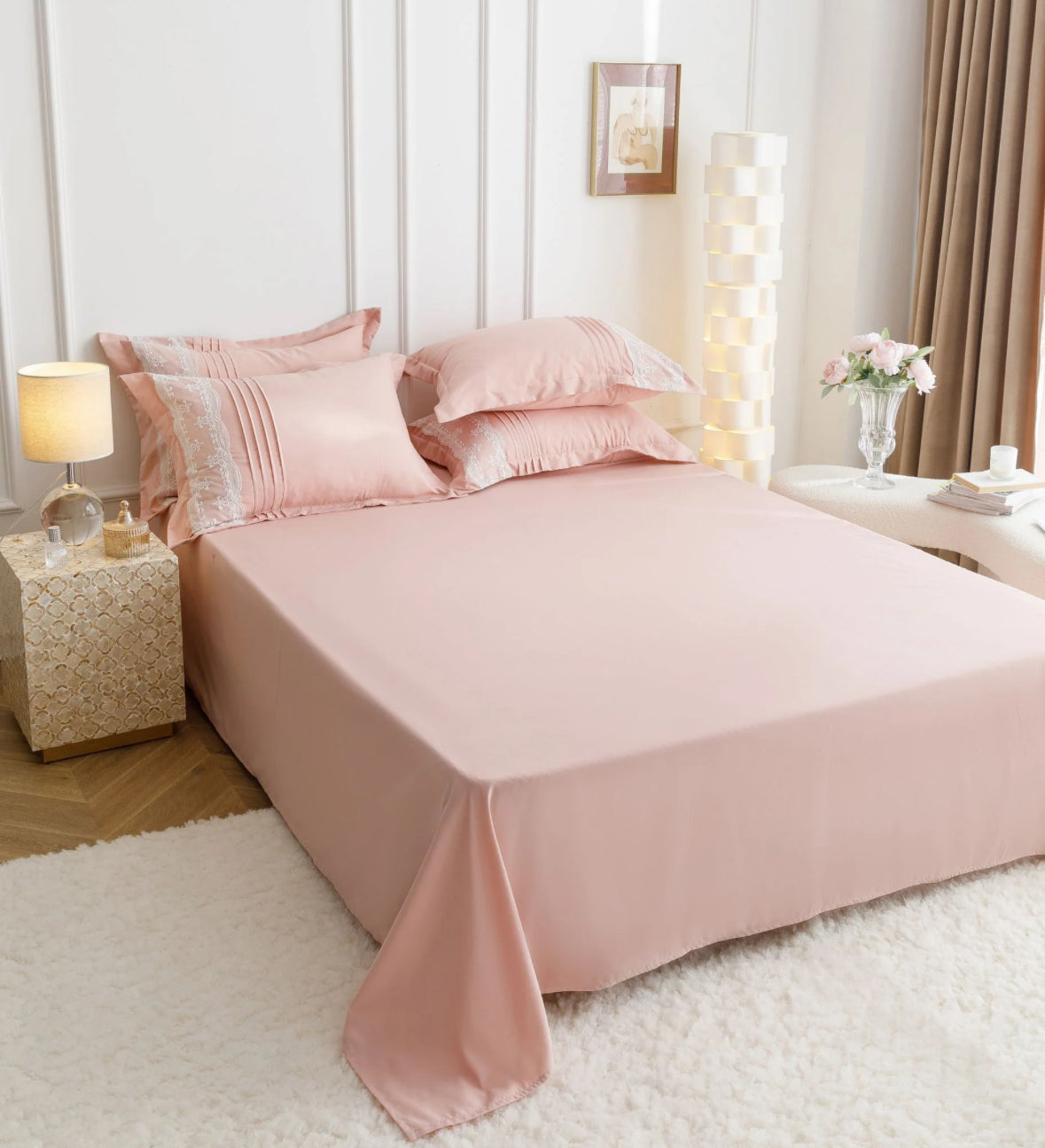 Lenjerie de Lux tip Jacquard Satinat cu pliuri brodate,6 Piese