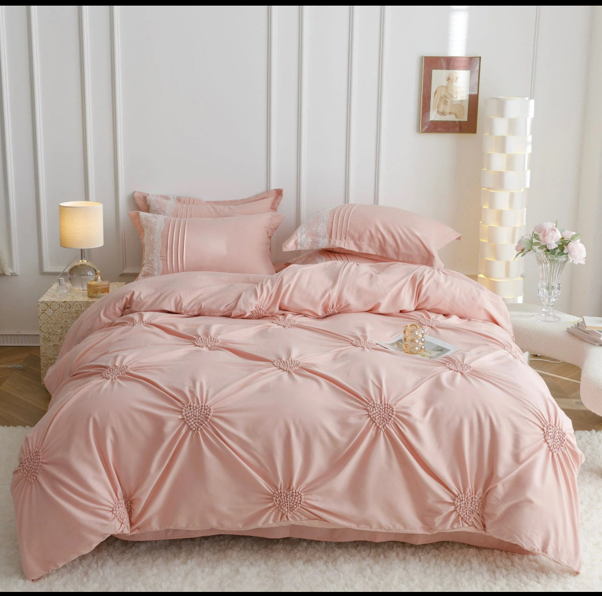 Lenjerie de Lux tip Jacquard Satinat cu pliuri brodate,6 Piese