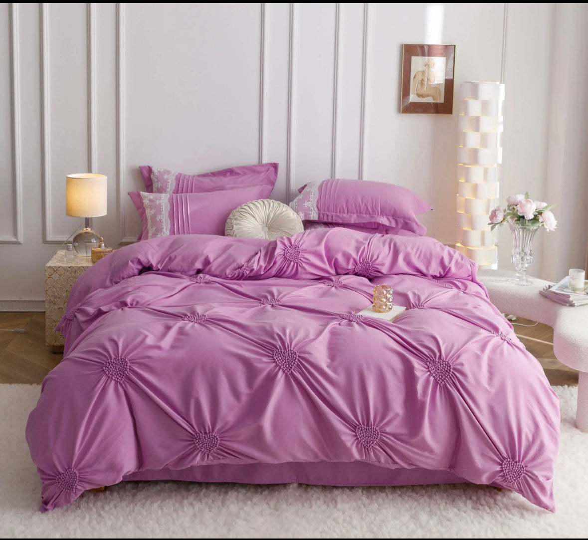 Lenjerie de Lux tip Jacquard Satinat cu pliuri brodate,6 Piese