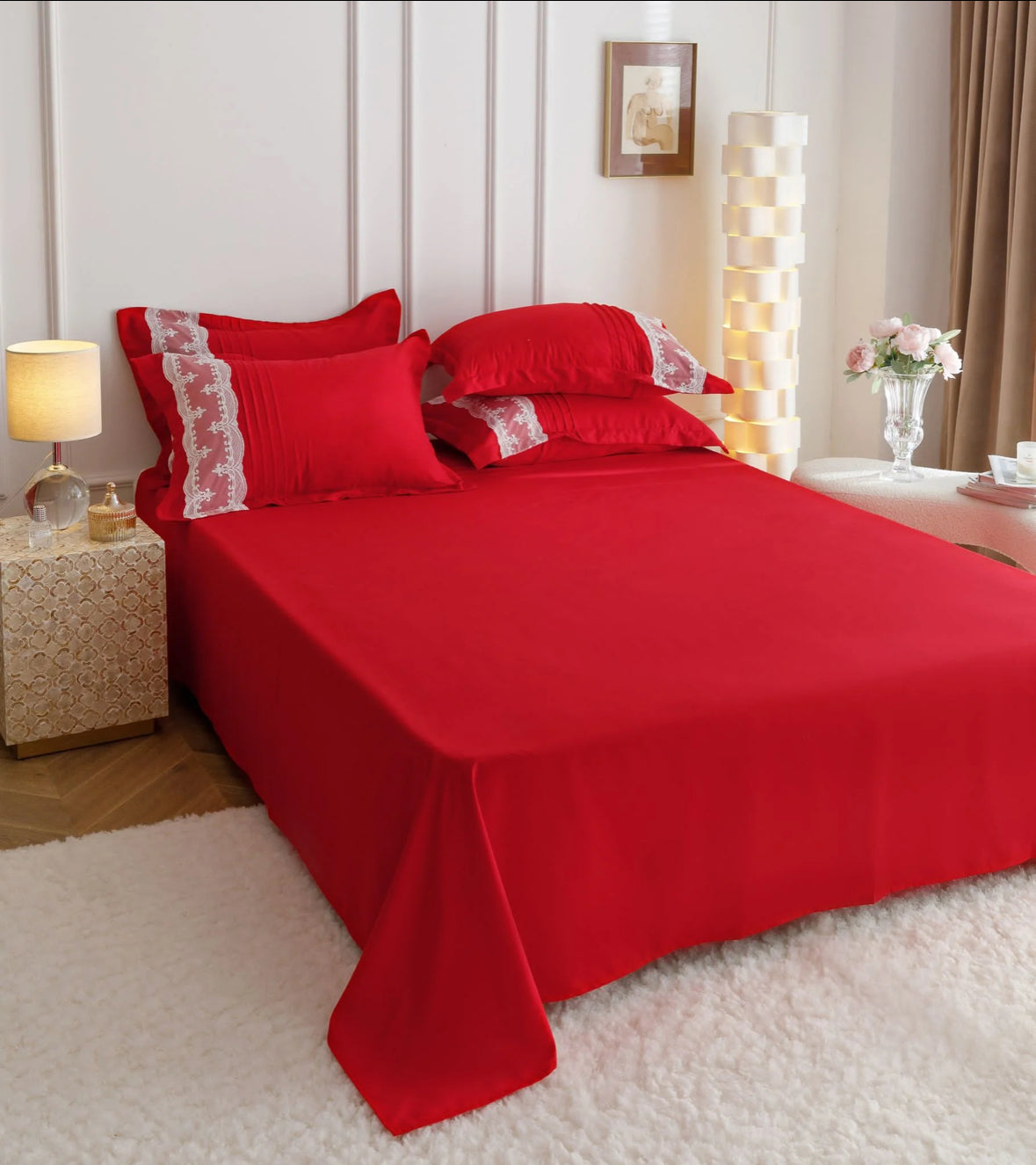 Lenjerie de Lux tip Jacquard Satinat cu pliuri brodate,6 Piese