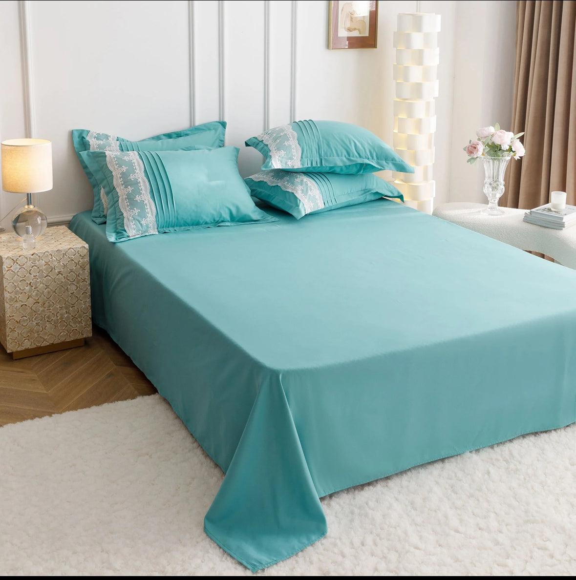 Lenjerie de Lux tip Jacquard Satinat cu pliuri brodate,6 Piese