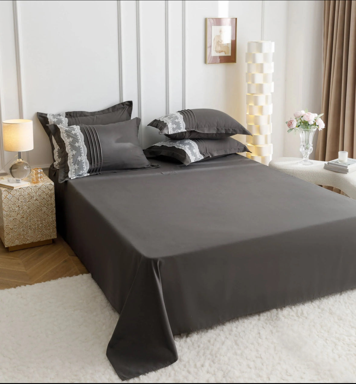 Lenjerie de Lux tip Jacquard Satinat cu pliuri brodate,6 Piese