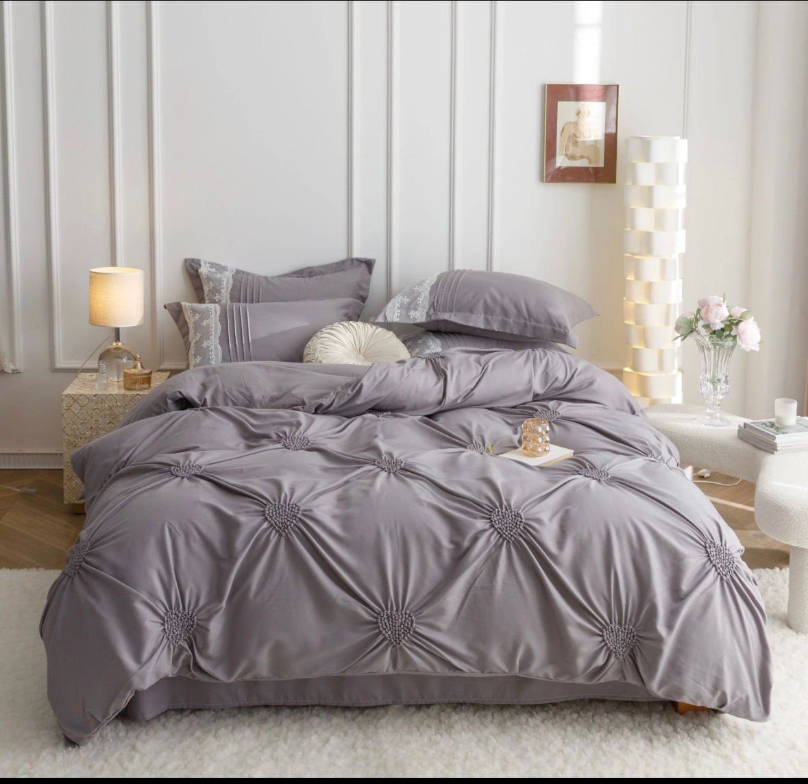 Lenjerie de Lux tip Jacquard Satinat cu pliuri brodate,6 Piese