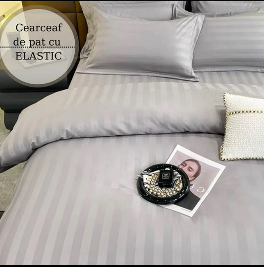 Lenjerie pat dublu,Damasc DeLuxe cu ELASTIC,6 piese